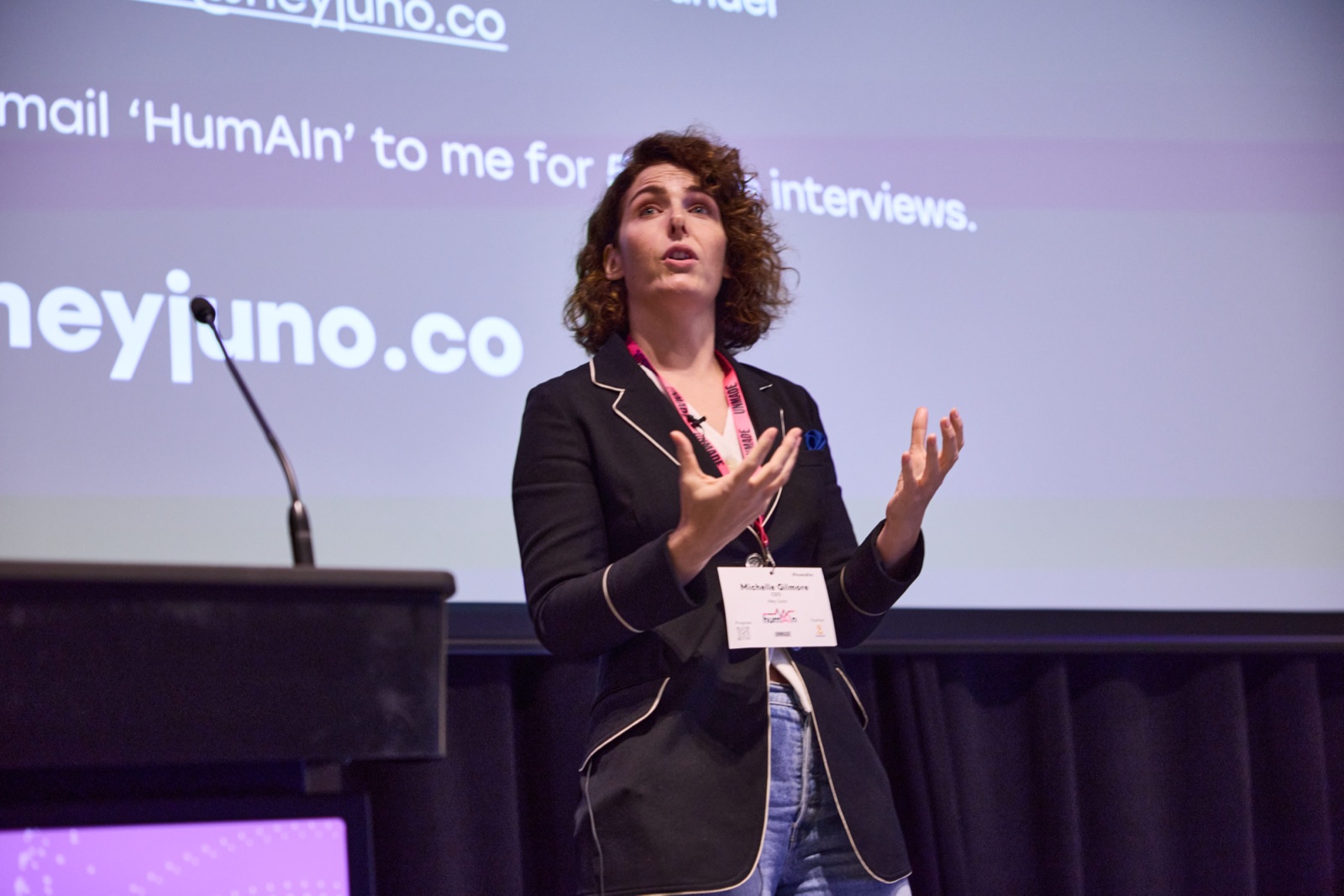 Speaker Michelle Gilmore presenting from the stage